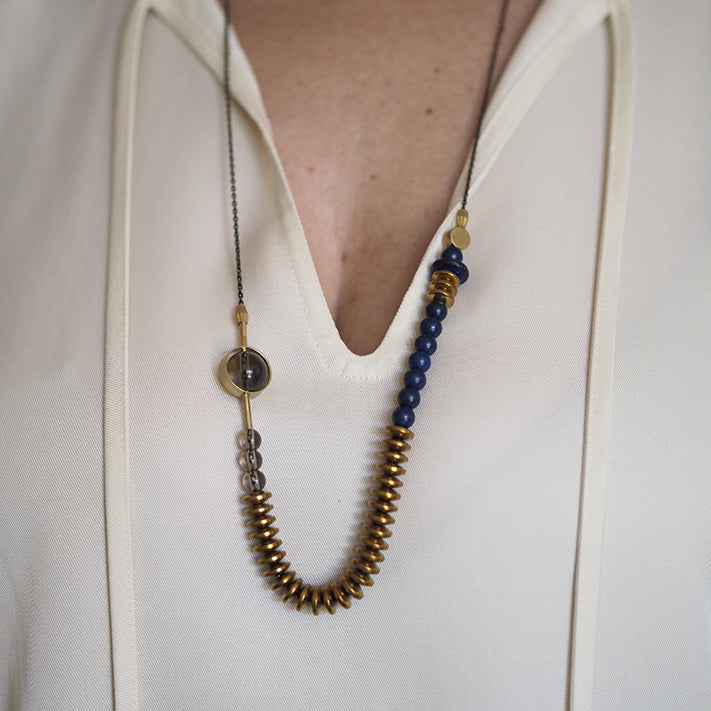 Abacus long beads necklace |smoky quartz, cobalt, hematite and howlite | by Bold and Brass