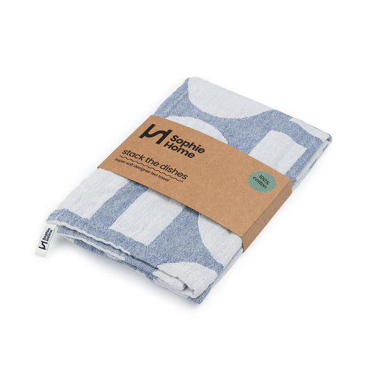 Sophie Home Ltd - Designer Cotton Tea Towel: Stack the Dishes Cobalt