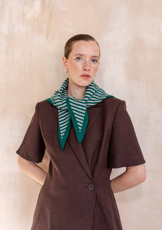 TBCo - Merino Wool Triangle Scarf in Green & Charcoal Stripe