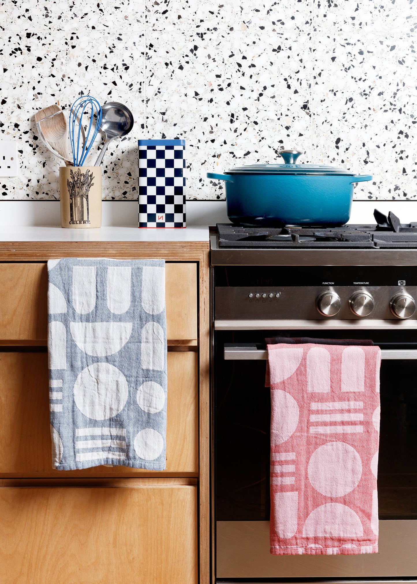 Sophie Home Ltd - Designer Cotton Tea Towel: Stack the Dishes Cobalt