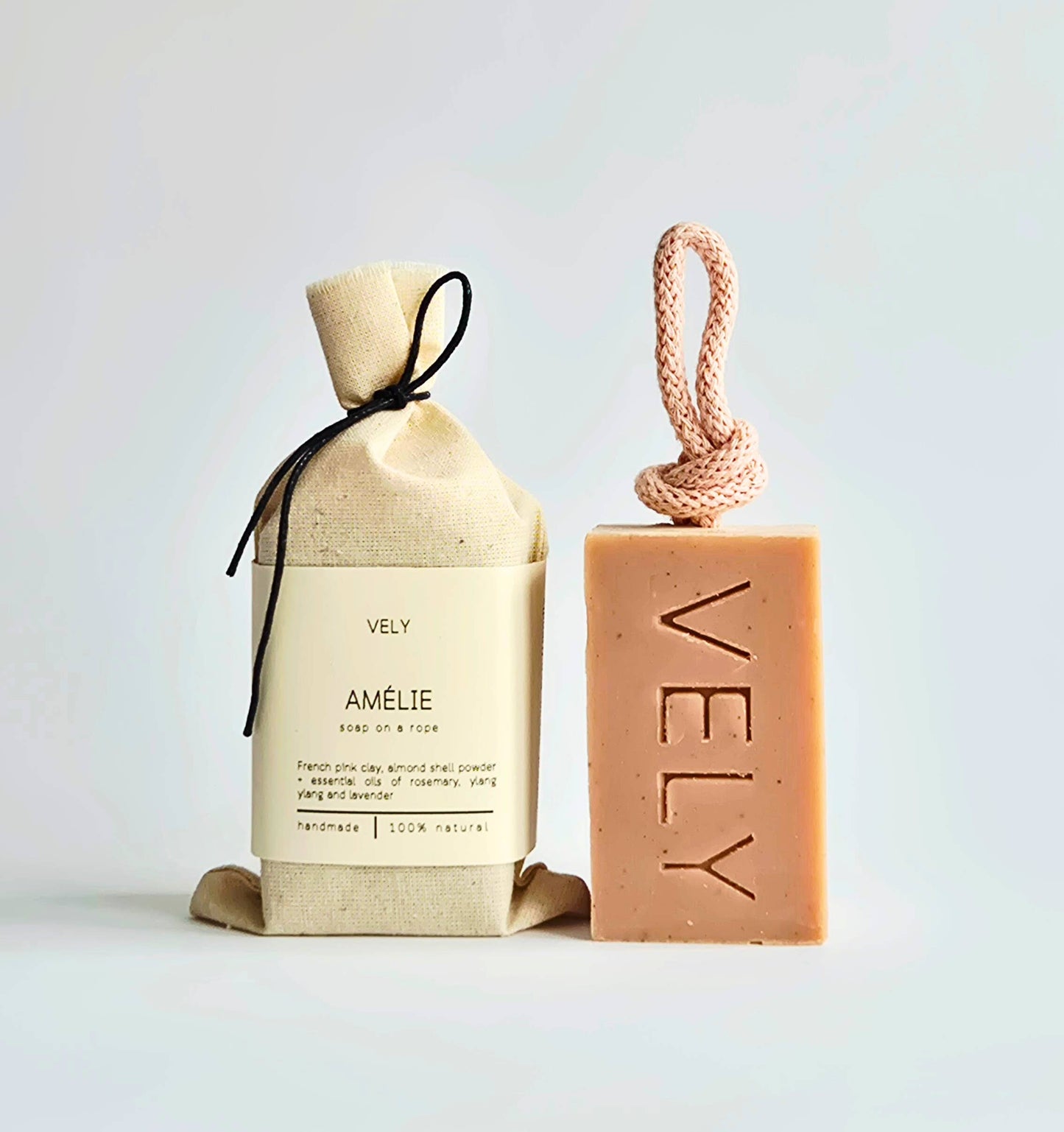 The Vely Soapery - Natural Handmade Soap On A Rope With Pink Clay  "Amélie"
