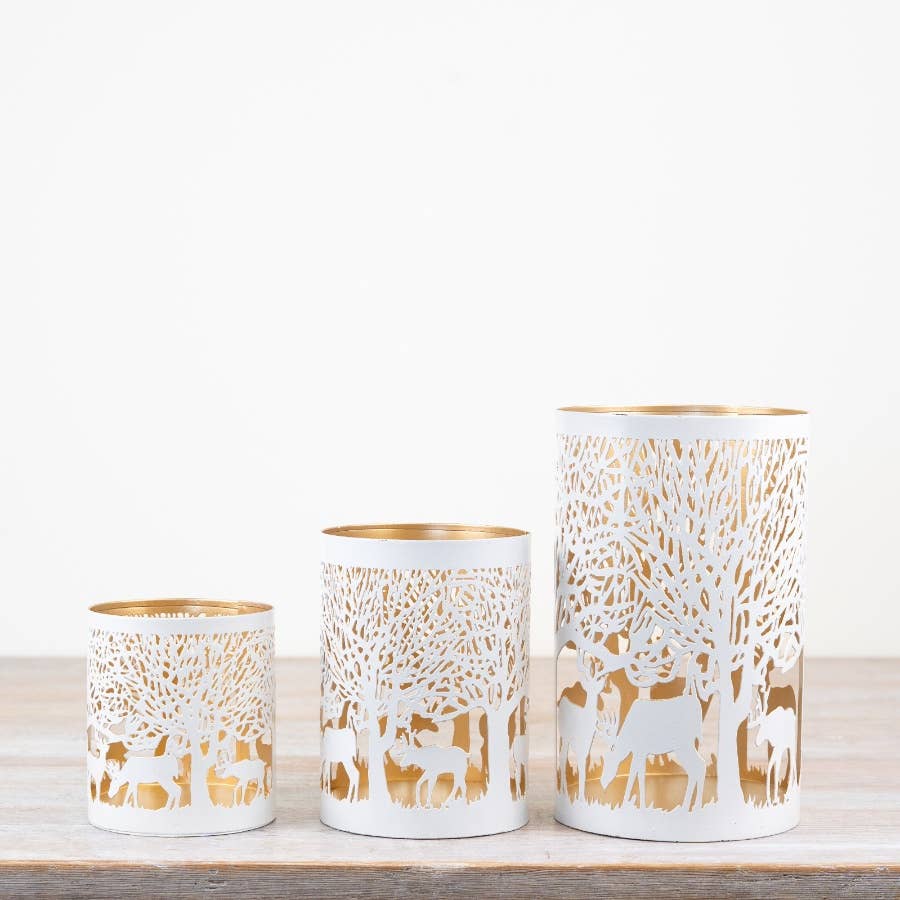 White/Gold Xmas Scene Candle Holder 14cm