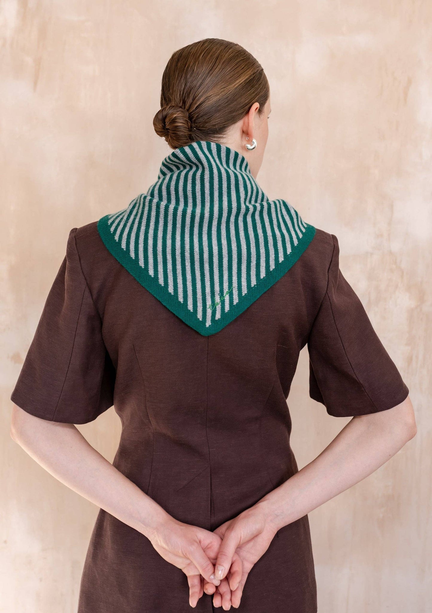 TBCo - Merino Wool Triangle Scarf in Green & Charcoal Stripe