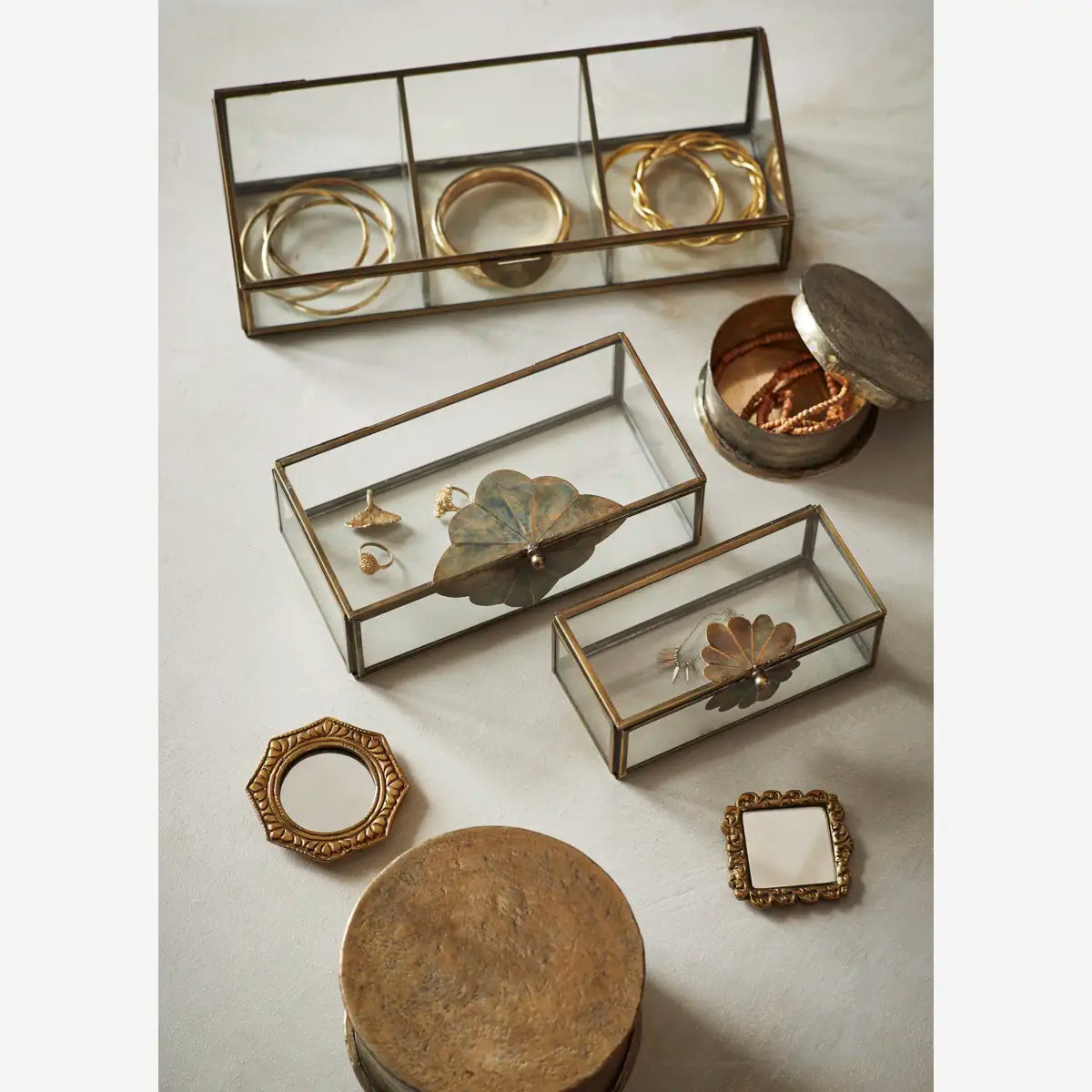 GLASS BOX WITH BRASS LEAF MOTIF | TWO SIZES | MADAM STOLTZ