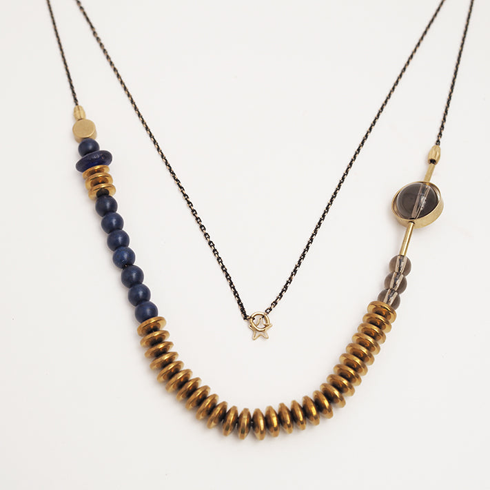 Abacus long beads necklace |smoky quartz, cobalt, hematite and howlite | by Bold and Brass