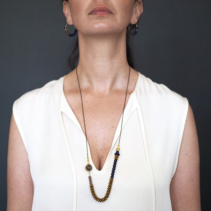 Abacus long beads necklace |smoky quartz, cobalt, hematite and howlite | by Bold and Brass