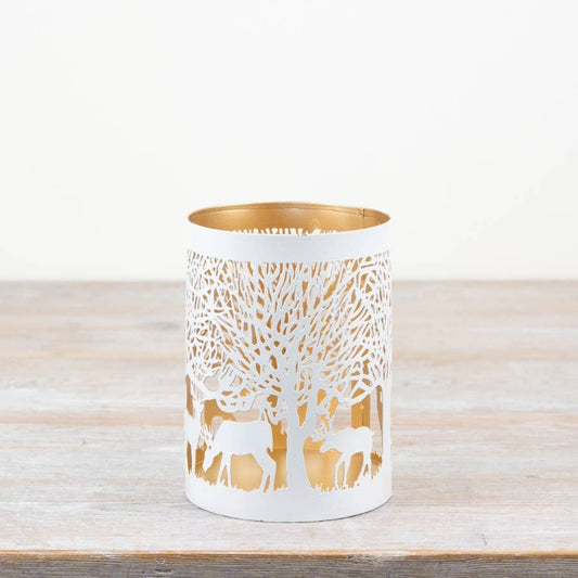 White/Gold Xmas Scene Candle Holder 14cm