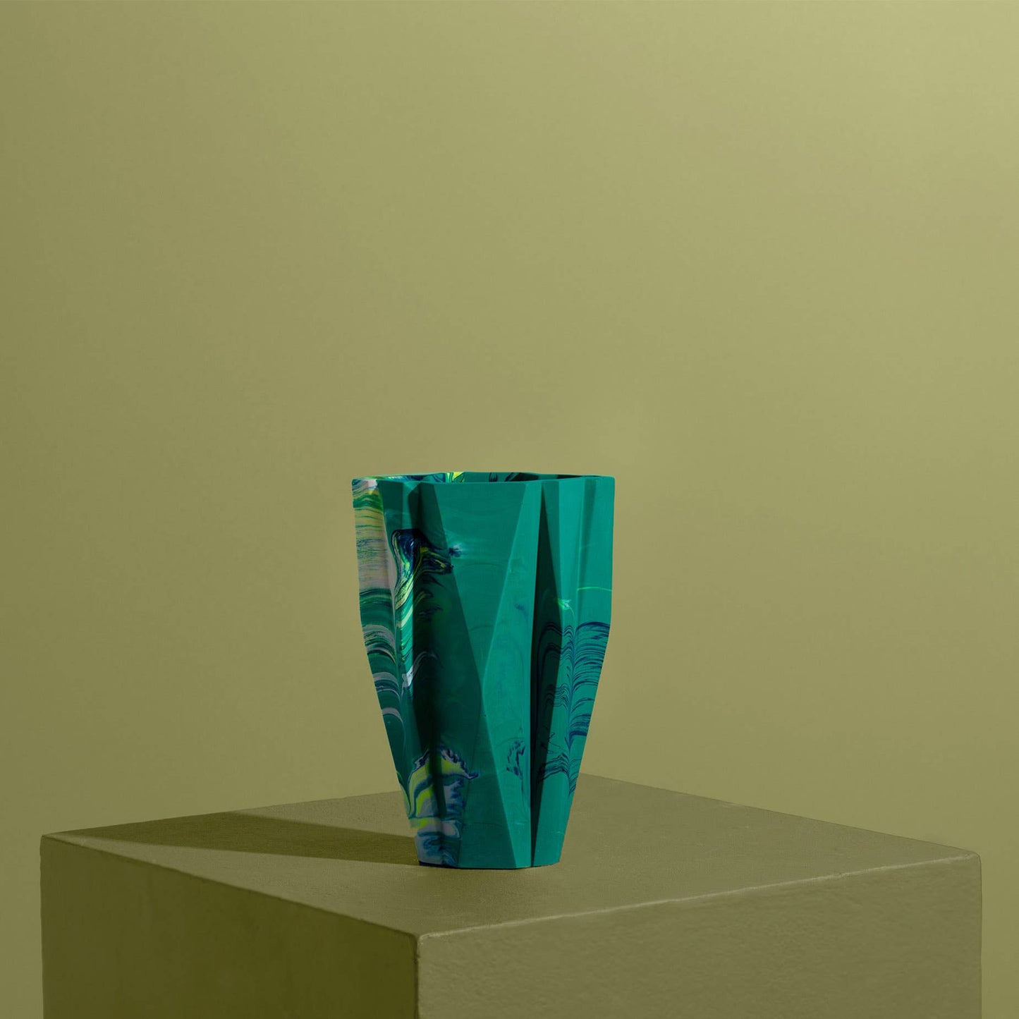 Art Deco Jesmonite Vase, Marbled in Emerald & Yellow
