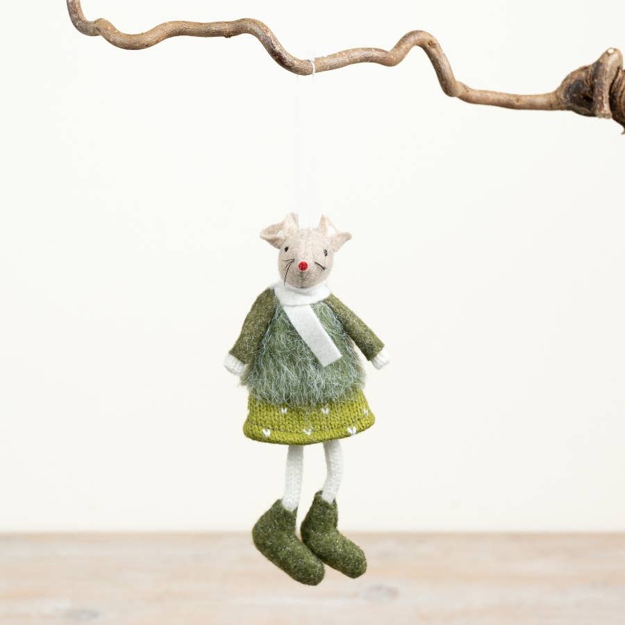 Gainsborough Giftware x Portland Living - Girl Green Skirt Polka Dot Hanging Mice, 15cm