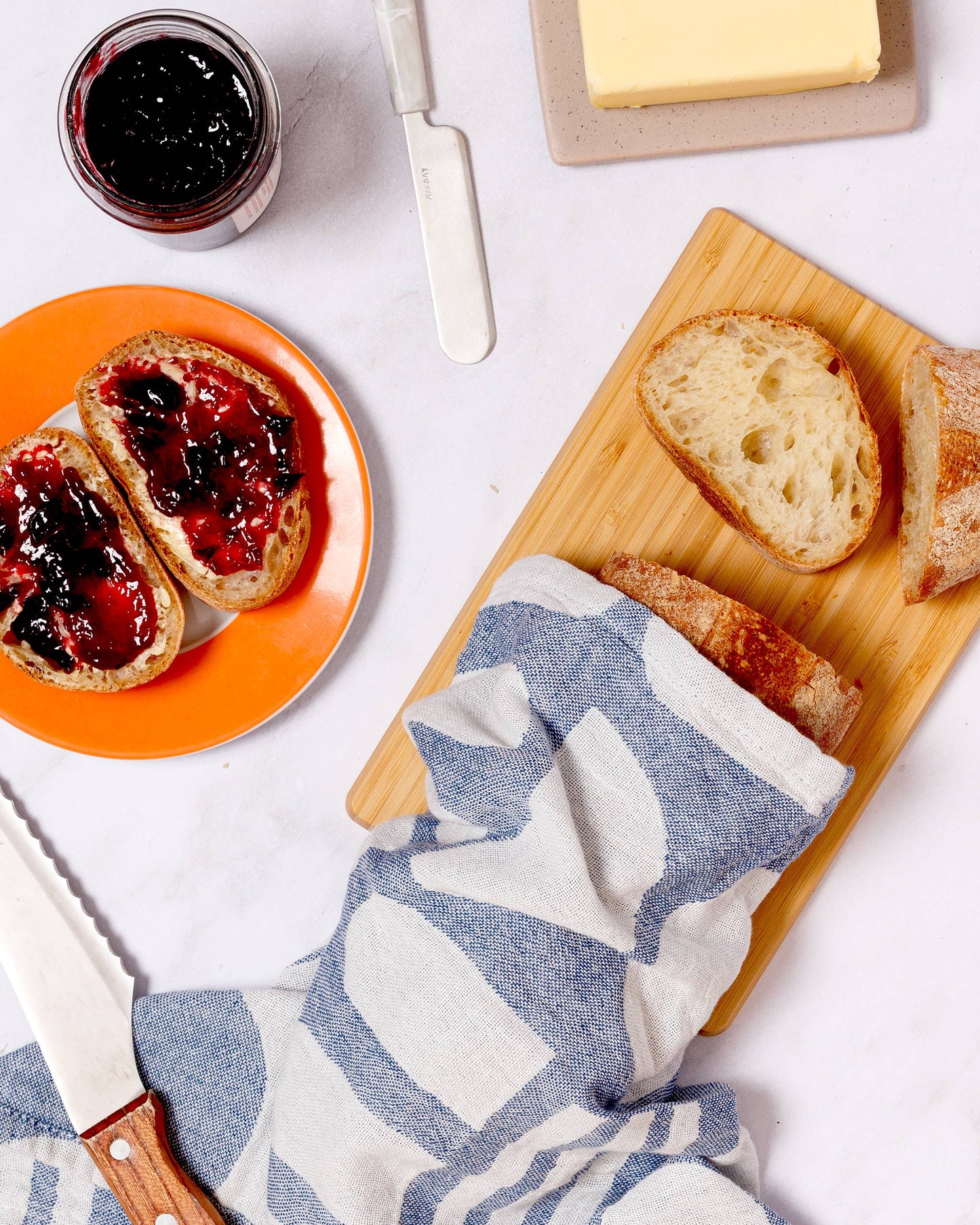 Sophie Home Ltd - Designer Cotton Tea Towel: Stack the Dishes Cobalt